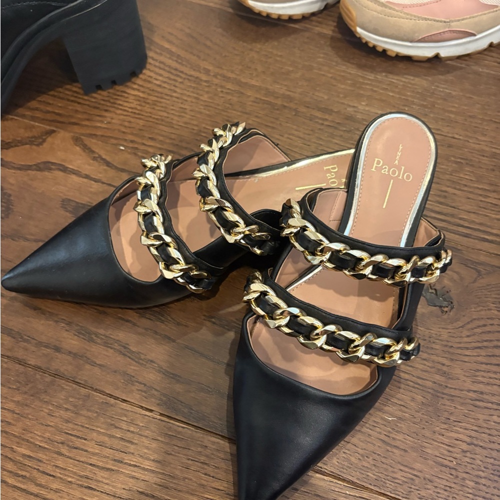 Linea Paolo Black and Gold Chain Women's Shoes